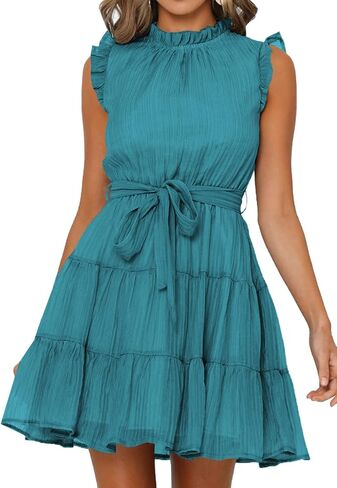 فستان FARYSAYS نسائي صيفي 2023 بدون أكمام وربطة خصر مكشكشة كاجوال متدرج قصير متأرجح in Kuwait