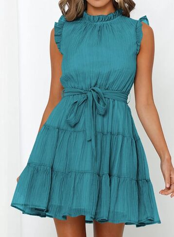 فستان FARYSAYS نسائي صيفي 2023 بدون أكمام وربطة خصر مكشكشة كاجوال متدرج قصير متأرجح in Kuwait