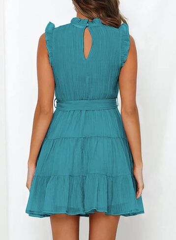 فستان FARYSAYS نسائي صيفي 2023 بدون أكمام وربطة خصر مكشكشة كاجوال متدرج قصير متأرجح in Kuwait