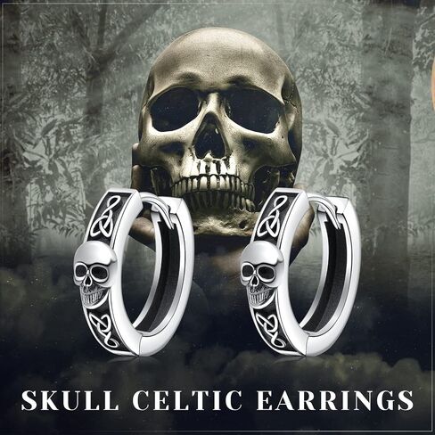 Skull Hoop Earrings Sterling Silver Celtic Earrings Skeleton Earrings Punk Goth Jewelry Halloween Gifts for Men Women Boyfriend Birthday, Sterling Silver, No Gemstone in Saudi Arabia