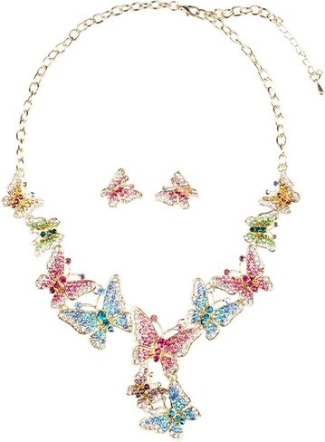 prom Costume jewelry butterfly Crystal Choker Pendant Statement Chain Charm Necklace and Earrings wedding jewelry sets for brides in Saudi Arabia