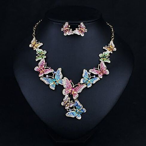 prom Costume jewelry butterfly Crystal Choker Pendant Statement Chain Charm Necklace and Earrings wedding jewelry sets for brides in Saudi Arabia