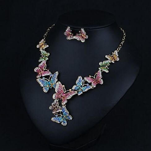 prom Costume jewelry butterfly Crystal Choker Pendant Statement Chain Charm Necklace and Earrings wedding jewelry sets for brides in Saudi Arabia