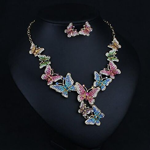 prom Costume jewelry butterfly Crystal Choker Pendant Statement Chain Charm Necklace and Earrings wedding jewelry sets for brides in Saudi Arabia