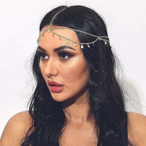 NAISKA Gold Head Chain Sequins Headpiece Wedding Sequin Headbands Chain Boho Layered Forehead Head Chain Bride Headpiece Festival Halloween Costume Prom Hair Jewelry Accessories for Women and Girls in Kuwait
