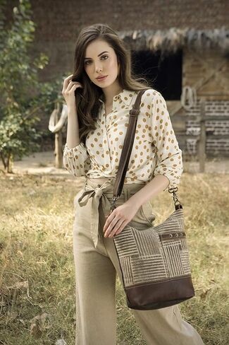 Myra Bag Coffee Upcycled Canvas & Leather Shoulder Bag S-1557 in Saudi Arabia