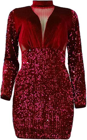 فستان قصير مثير من Sprifloral - فستان نسائي مزين بالترتر وشرابات ورقبة وهمية وحفلات أعياد الميلاد in Kuwait