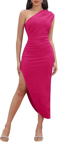 فستان حفلات الكوكتيل بكتف واحد للنساء من Maketina مكشكش بدون أكمام وفتحة عالية in Kuwait