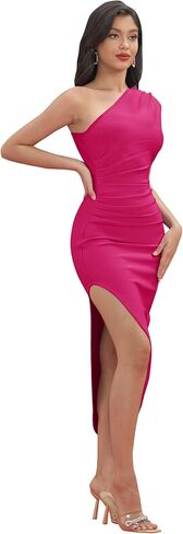 فستان حفلات الكوكتيل بكتف واحد للنساء من Maketina مكشكش بدون أكمام وفتحة عالية in Kuwait