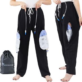 Unisex Incontinence Care Pants,Fistula Pants,Catheter Clothing Incontinence Pants,Urine Bag Trousers with Double Pockets for Nephrostomy,Foley,Suprapubic&Biliary Catheters(Black,Long,XXL)