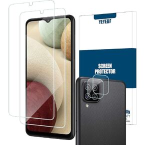 Galaxy A12 HD Clear Tempered Glass Screen Protector + Camera Lens Protectors by YEYEBF, [2+2 Pack] [3D Glass] [Bubble-Free] [Anti-Glare] Screen Protector Glass for Samsung Galaxy A12