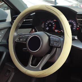 Leather Steering Wheel Cover, Car Steering Wheel Cover, Microfiber Leather Covers Breathable Anti-Slip Odorless Universal Fit 14.5-15 inches - Beige
