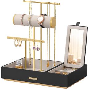 SONGMICS Jewelry Holder, Jewelry Organizer, Jewelry Display Stand, Metal Earring Organizer with Mirror, with Necklace Earring Bracelet Holder, for Rings, Gift Idea, Dove Gray and Gold UJJS022G01
