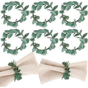 Napkin Rings Set of 6 Eucalyptus Leaf Napkin Rings Rustic Farmhouse Greenery Spring Wreath Napkin Ring Holders for Wedding Banquet Christmas Family Dining Table Decoration, (Classic Style)