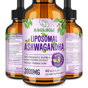 Liposomal Ashwagandha Liquid Drops 2000mg, Ashwagandha Root Extract Supplement (7% Withanolides) with Black Pepper Extract & Probiotics for Focus, Cognition & Energy - 2 FL.OZ (1 Bottle)