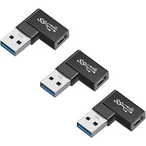 90 Degree USB C to USB A Adapter, Right Angle Left Angle USB A 3.0 Male to USB Type C 3.1 Female Connector for Laptops, Wall Chargers, Power Banks - 3 Pack Black