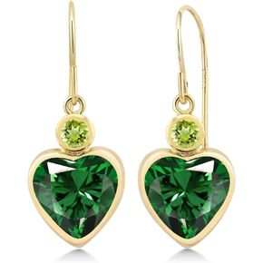 Gem Stone King 14K Yellow Gold Green Nano Emerald and Green Peridot Earrings For Women (3.50 Cttw, Gemstone May Birthstone, Heart Shape 8MM and, Round 3MM)