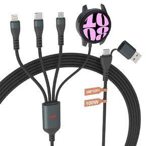 100W Galaxy Watch Charger Fast Charging Cable - 10FT 4 in 2 USB C/A Multi Chargers for Samsung Watch, Compatible with Galaxy Watch 6/5/4 Charger, Galaxy S23/S22/21 and Micro USB/Lightning/USB C Phone