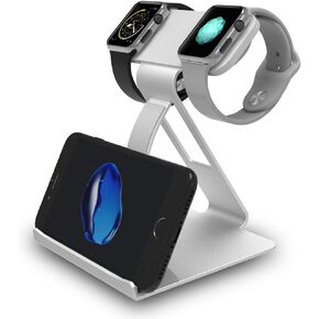 Dual Head Mode Watch Charging Stand Docking Station Holder Compatible for Apple Watch Series Apple Watch Ultra/8/7/6/5/3/2/SE Airpods Base & iPad Silver