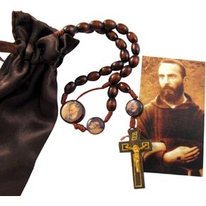 St Pio Devotional Wooden Bead Cord Rosary Gift Set with Saint Prayer Card and Bag