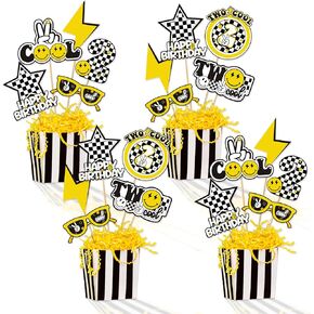 Two Cool Smile-Face Theme 2nd Birthday Centerpiece Sticks, Two Cool Dude Second Birthday Table Toppers for Two Year Old Happy Dude Photo Prop Yellow Black Lightening Checkered Party Decor（28PCS）