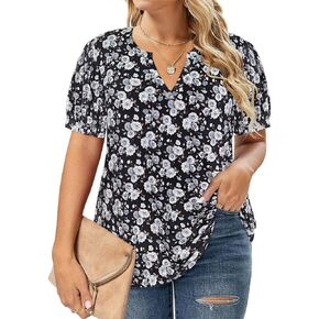 RITERA Plus Size Tops for Women Short Puff Sleeve Blouse Casual V Neck Tunic Oversize Loose Fit Ladies Tunic Summer XL-5XL