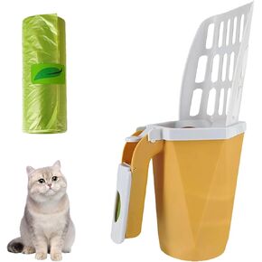 Portable Cat Litter Scooper with Holder - 2 in 1 Cat Litter Shovel Integrated Shovel and Bag System - Large Capacity Easy to Clean - Includes 6 Rolls of Bin Bags (Circular)