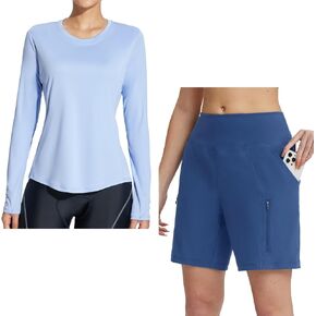 BALEAF Women's Sun Shirts with 7 Inch Athletic Shorts Blue M