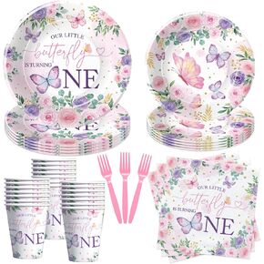 Butterfly First Birthday Plates And Napkins Party Supplies Girl - Butterfly 1st Birthday Decorations, Plate, Cup, Napkin, Fork, For Butterfly One-Year-Old Birthday Party Tableware | Serve 24