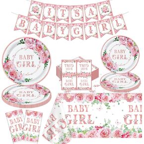 123 Pack Floral Sweet Baby Girl Party Supplies Baby in Bloom Birthday Party Deco Set Baby Shower Deco for Girl Party Supplies Include Plates, Napkins, Birthday Banner, Party Tablecloth for 40 Guests
