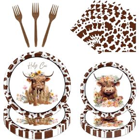 Highland Cow Party Plates - 96PCS Highland Cow Party Decor Supplies Highland Cow Paper Plates Napkins Forks Tableware Highland Cow Baby Shower Decorations Disposable Cow Print Birthday Plates
