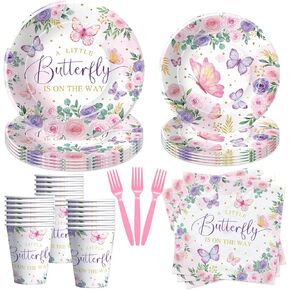 Butterfly Baby Shower Decorations - A Little Butterfly Is On The Way Plates And Napkins Party Supplies, Plate, Cup, Napkin, Fork, Floral Butterfly Baby Girl Decorations Tableware | Serve 24
