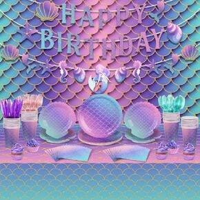 172 Pcs Mermaid Birthday Party Supplies (Serve 24) Disposable Mermaid Tableware Set for Girl Birthday Baby Shower Party with Plates, Cups, Napkins, Tablecloth, Backdrop, Banner