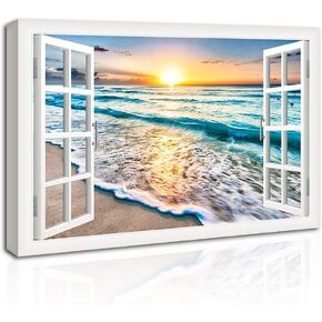 Wave Canvas Wall Art Sunset Ocean Nature Pictures Ready to Hang for Living Room Bedroom Home Decorations Modern Stretched and Framed Seascape Giclee Artwork Ready to Hang
