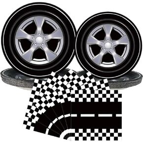 Racing Car Party Plates Napkins Wheels Cars Track Birthday Tableware Sets Fast Boy Men Kids Baby Shower Party Decorations Supplies Serves 24, Black