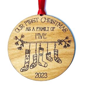 First Christmas as a Family of Three 3 Ornament 2023 Dated - Stocking Stuffer - New Baby Gift - Mother Father - Farmhouse Wood Rustic - New Parents - with Gift Box (Family of 3-2023)