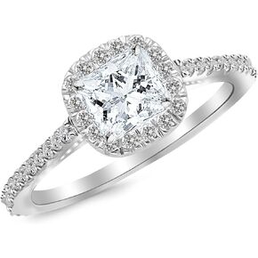 خاتم خطوبة من الذهب الأبيض عيار 14 قيراط 2.5 قيراط من LAB GROWN DIAMOND رائع كلاسيكي على شكل وسادة على شكل هالة من الألماس على شكل أميرة (لون G-H VS2-SI1 وضوح 2 قيراط مركزي)