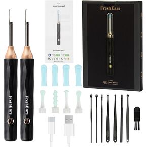FreshEars’ WiFi Ear Cleaner, Ear Wax Removal, Ear Wax Removal Tools (2pcs) – 2 Ear Cleaners with 1080P FHD Camera, Ear Camera with Light, Ear Wax Removal kit for iPhone and Android Phones (Black)