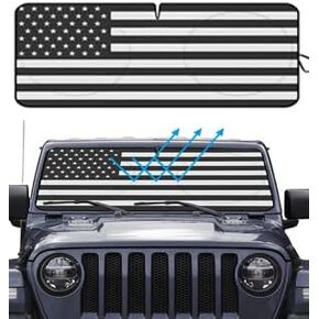 Big Ant Windshield Sun Shade,American Flag Car Sun Shade for Rubicon Sahara TJ JK JKU 2 Door & 4 Door, UV Rays Blocker Sun Visor Shade Keep Vehicle Cool,Black
