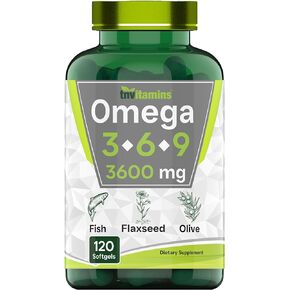 Triple Omega 3◆ 6◆ 9: 3600mg x 120 Softgels | Omega Essential Fatty Acids from Fish Oil (EPA & DHA), Flaxseed Oil (ALA & LA), & Olive Oil (OA) | Omega 3-6-9 Supplement for Women & Men | Non-GMO