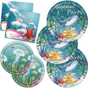 Under The Sea Theme Party Decorations Tableware Set Ocean Animal Plates and Napkins Party Supplies for Birthday Baby Shower , Serves 24 Guests