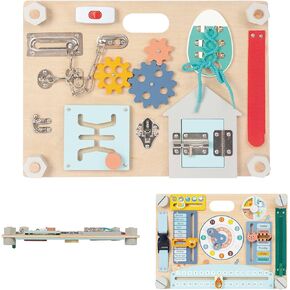 Montessori Busy Board for Toddlers 1-3, Double-Sided Wooden Sensory Toys, Preschool Learning Activities for Fine Motor Skills Travel Toy for 1 2 3 Years Old Kids Boys Girls (Style 1)