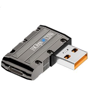QIANRENON 120W USB3.1 to USB C 90° Angle Metal Adapter Mecha Style 10Gbps USB3.1 Male to Type C Female L Angle Data Connector, LED/Keychain Hole, for PC Laptop Wall Charger, Side Bend(Left Angle)
