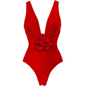 FLAXMAKER Detachable 3D Flower Red Swimsuit Cover up Set One Piece Swimsuit and Skirt