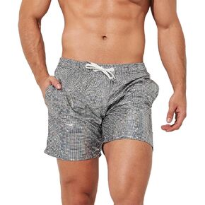 Evankin Mens Sexy Glitter Shorts Shiny Metallic Trunks Sparkly Panties with Pockets and Drawstrings for Rave Hot Party