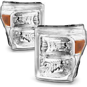 Headlight Assembly for Ford F250 F350 F450 F550 Super Duty 2011 2012 2013 2014 2015 2016 Chrome Housing Amber Reflector Replacement Pair (Chrome Housing Amber Reflector Clear Lens)