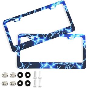 Blue Lightning License Plate Frames 2 Pcs 2 Holes Aluminum License Plate Frame Car License Plate Holder with Screw Caps, Elliptical Hole