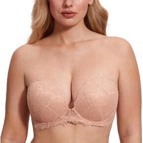 DOBREVA Women's Strapless Push Up Bra Lace Plus Size Plunge Padded Underwire Bras Add 1 Cup