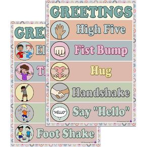 Boho Class Greetings Posters - Laminated, Size 14x19.5 in.- Classroom Decorations, Pediatrician Doctors Office Decor, Back To School and Teachers Supplies, Preschool and Elementary Welcome Sign