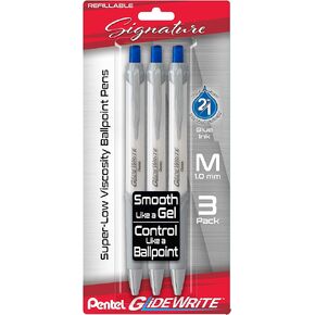 Pentel Glidewrite Signature Ballpoint Pen, (1.0mm) Medium, White Barrel, Black Ink, 3-pk (BX930WBP3A)